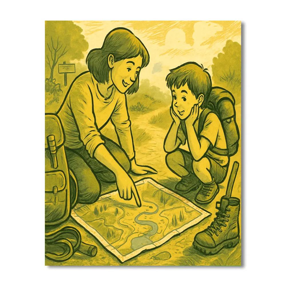 Mother Reading A Map With Child paint by color