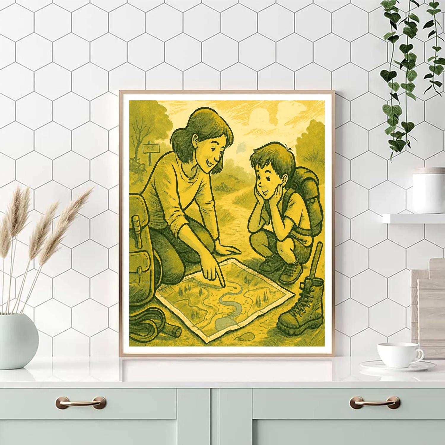 Mother Reading A Map With Child paint by color