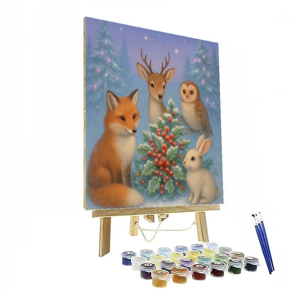 Winter Woodland Animals Around Holly Bush Painting by numbers kit