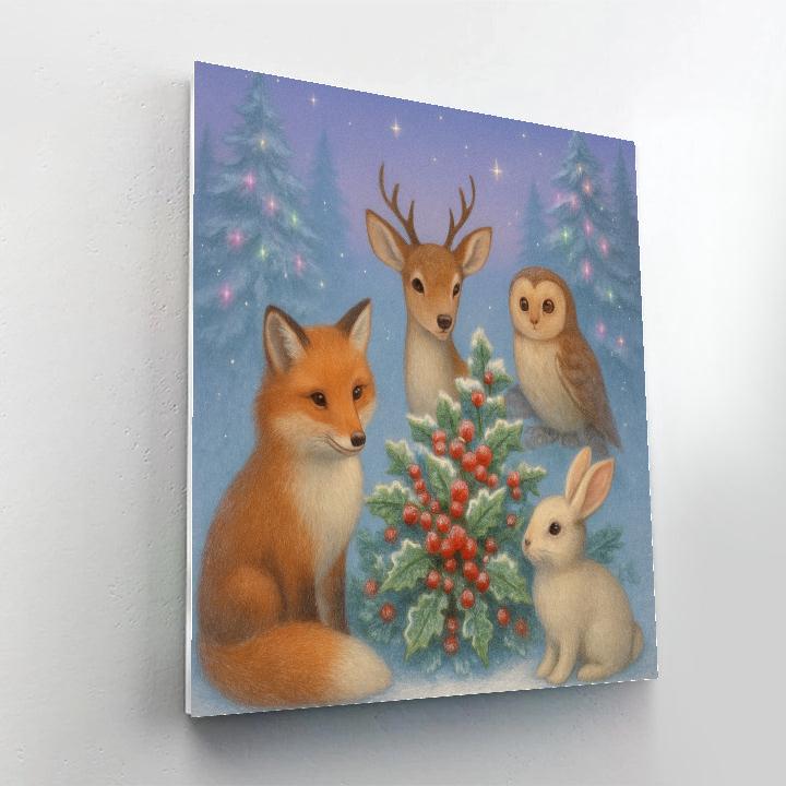Winter Woodland Animals Around Holly Bush Painting by numbers kit
