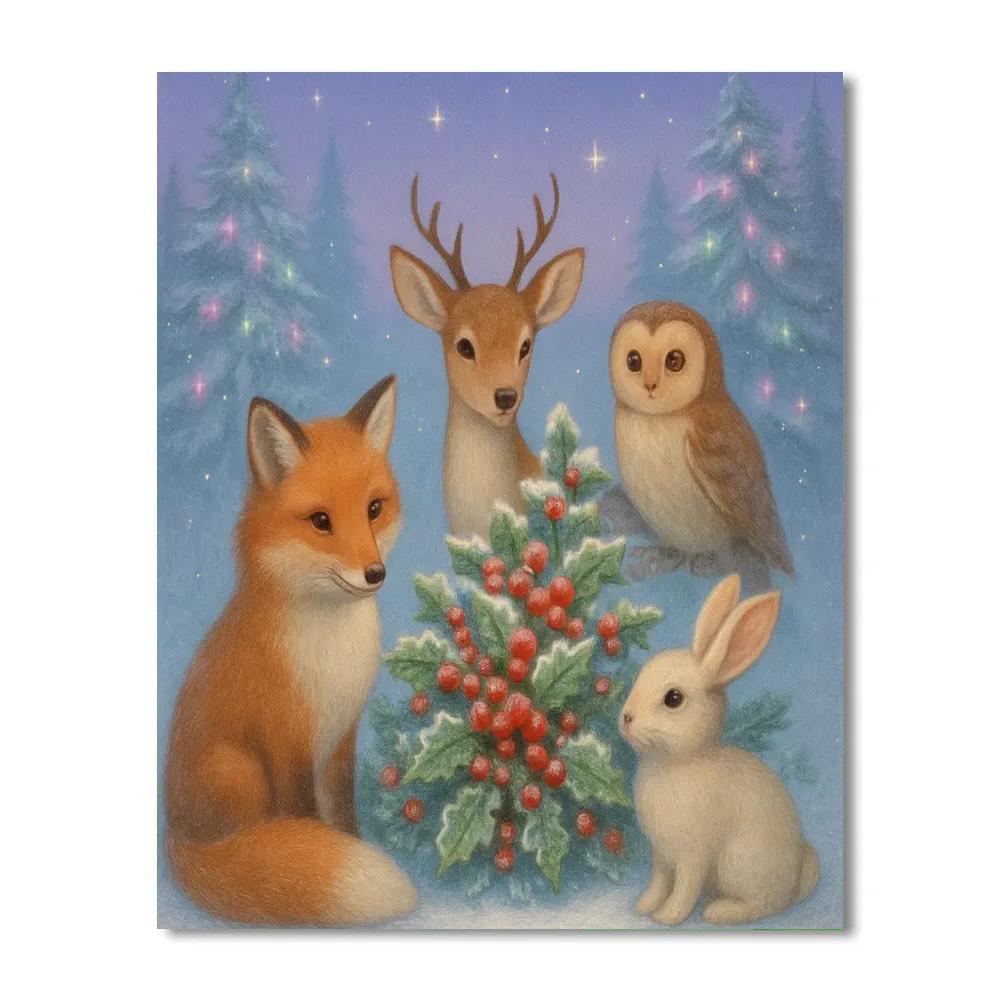 Winter Woodland Animals Around Holly Bush Painting by numbers kit