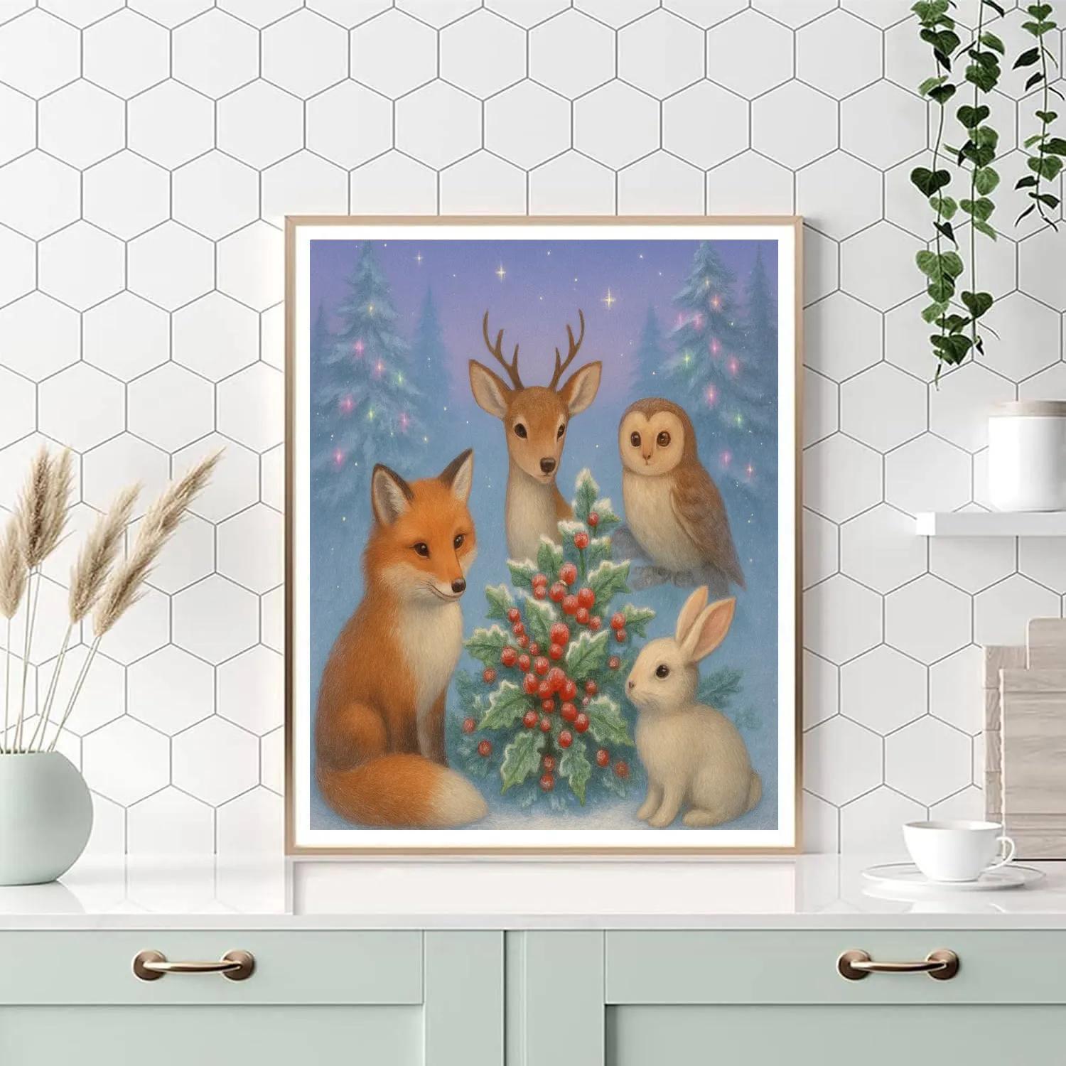 Winter Woodland Animals Around Holly Bush Painting by numbers kit