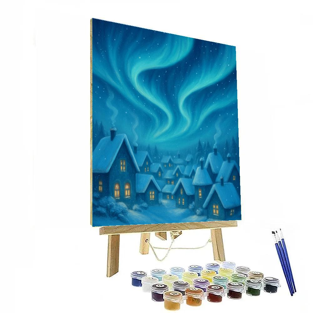 Northern Lights Over Snowy Village Roofs painting number kit