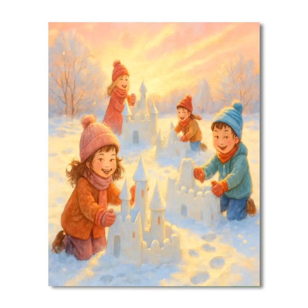 Children Building Snow Castles At Dawn paint by number
