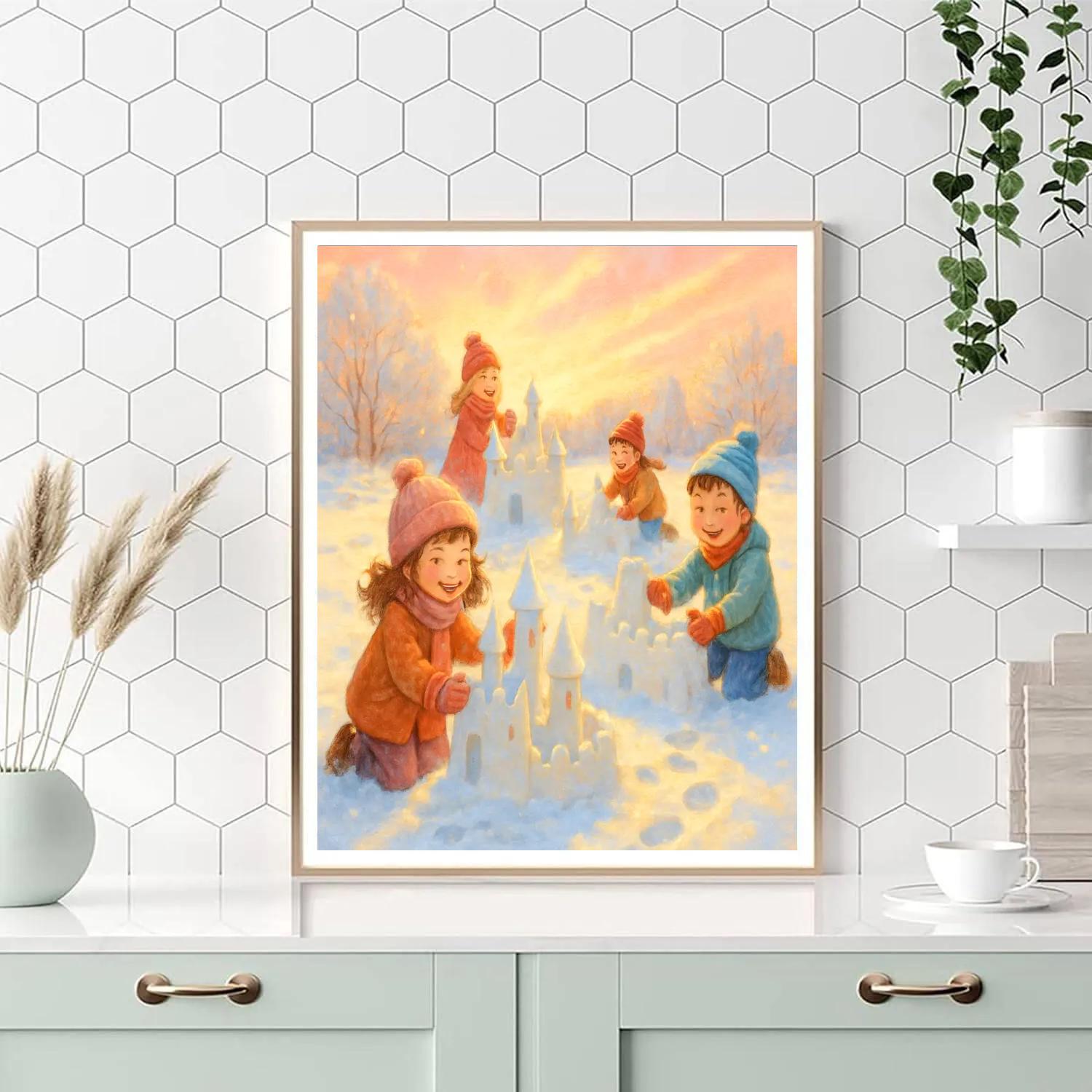 Children Building Snow Castles At Dawn paint by number