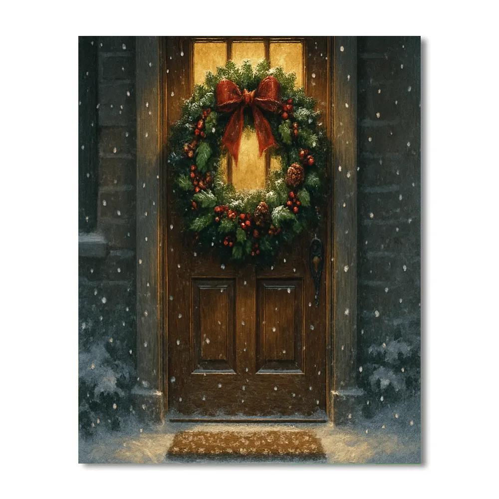 Wreath-Adorned Door In Quiet Snowfall painting number kit