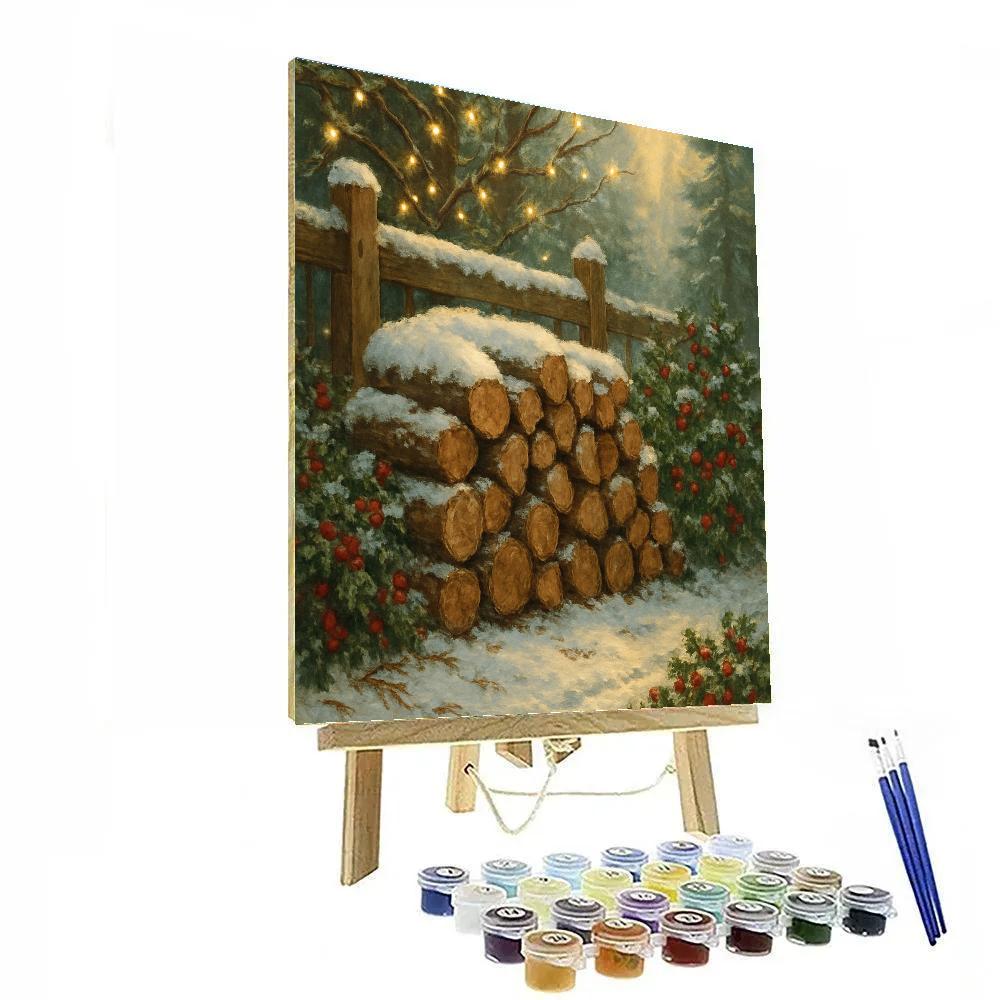 Firewood Stack By Snowy Rustic Fence Numbered painting kits