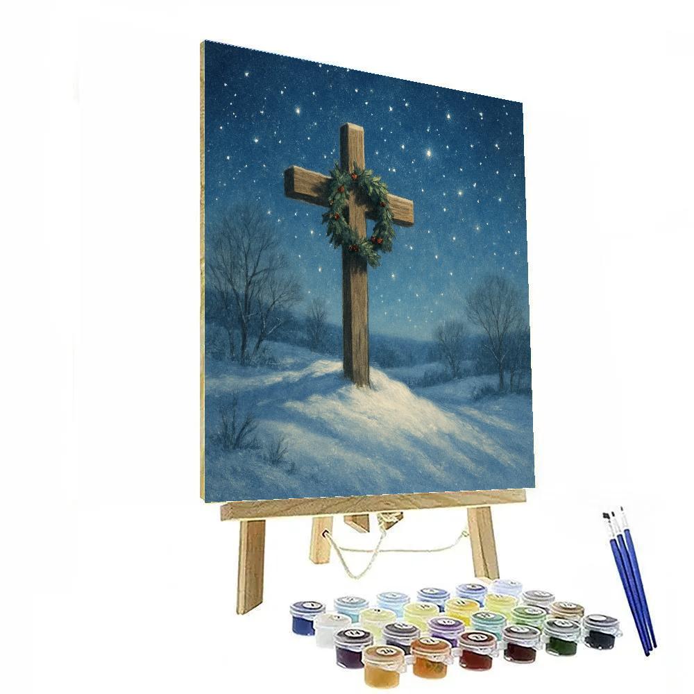 Star-Filled Night Over Snowy Hilltop Cross Numbered painting kits