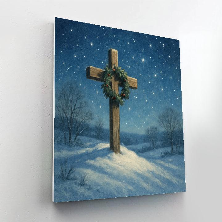 Star-Filled Night Over Snowy Hilltop Cross Numbered painting kits