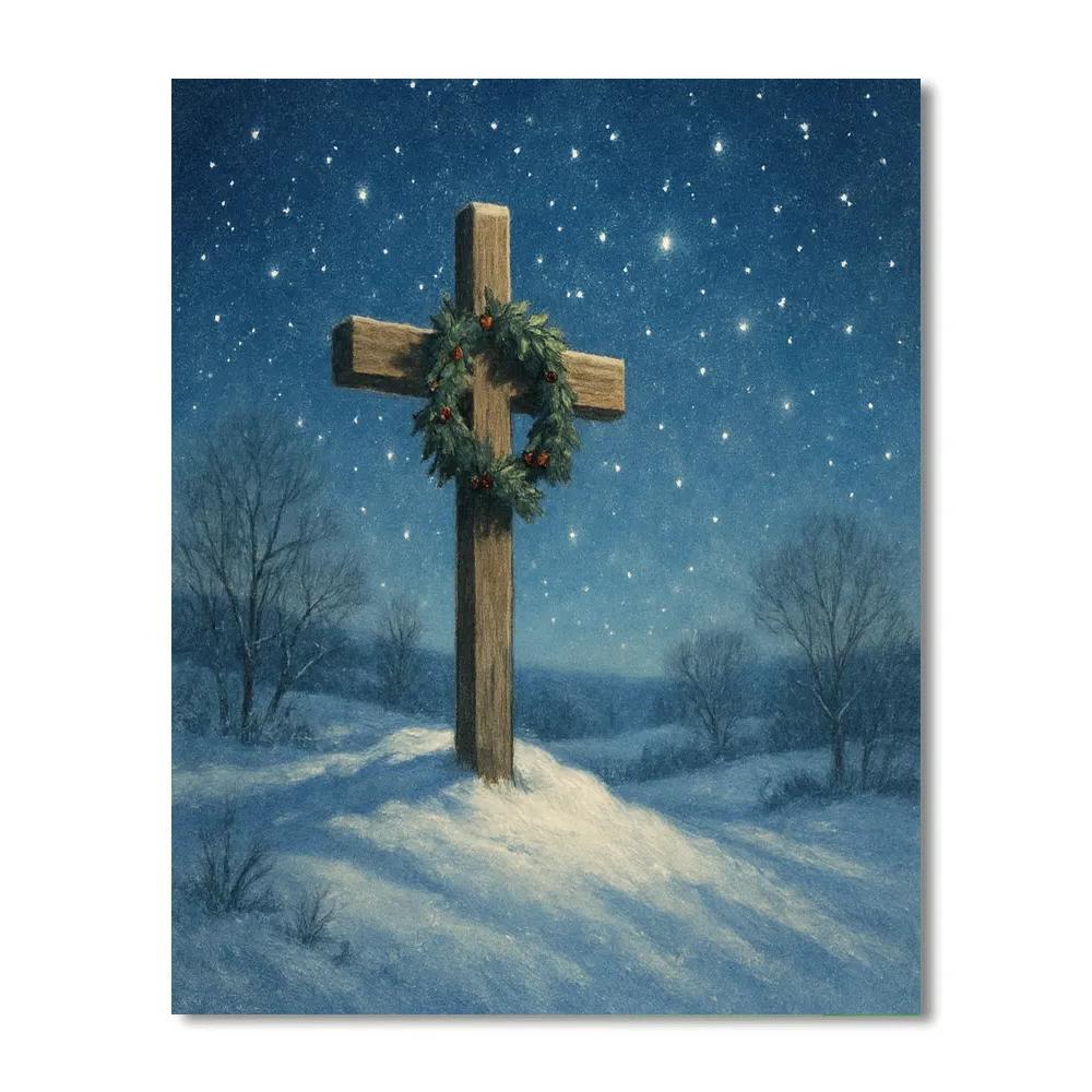 Star-Filled Night Over Snowy Hilltop Cross Numbered painting kits