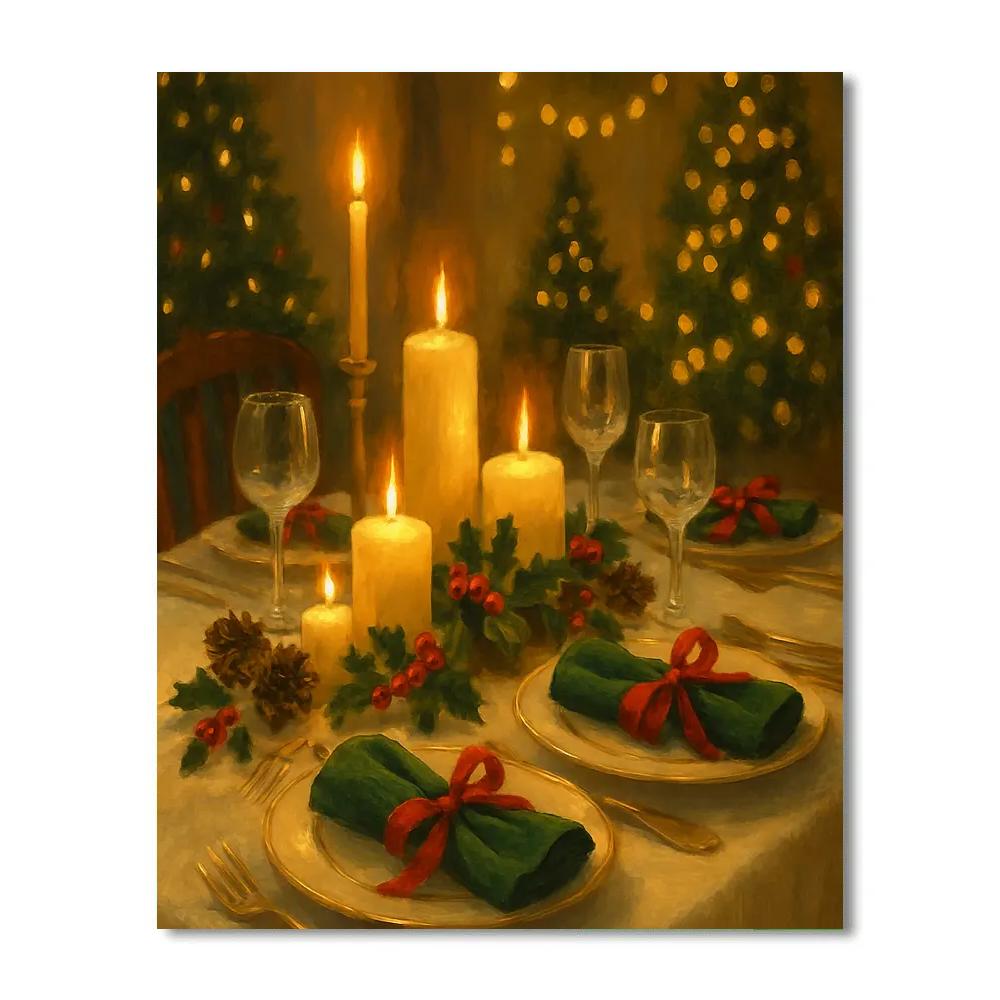 Elegant Holiday Table Set With Candles And Pinecones paint by number