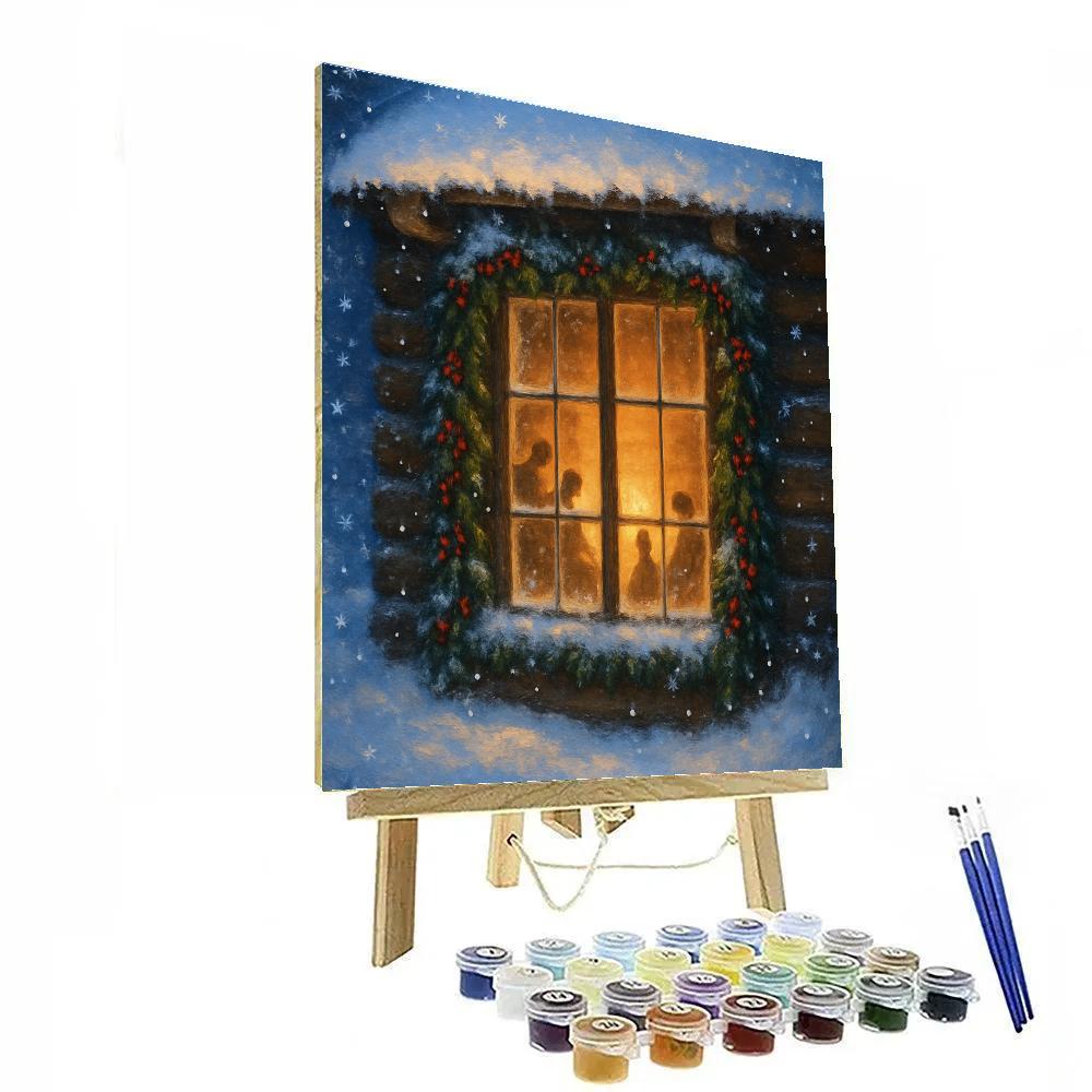 Woodland Cabin Window Framed By Snowflakes Number painting