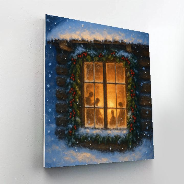 Woodland Cabin Window Framed By Snowflakes Number painting