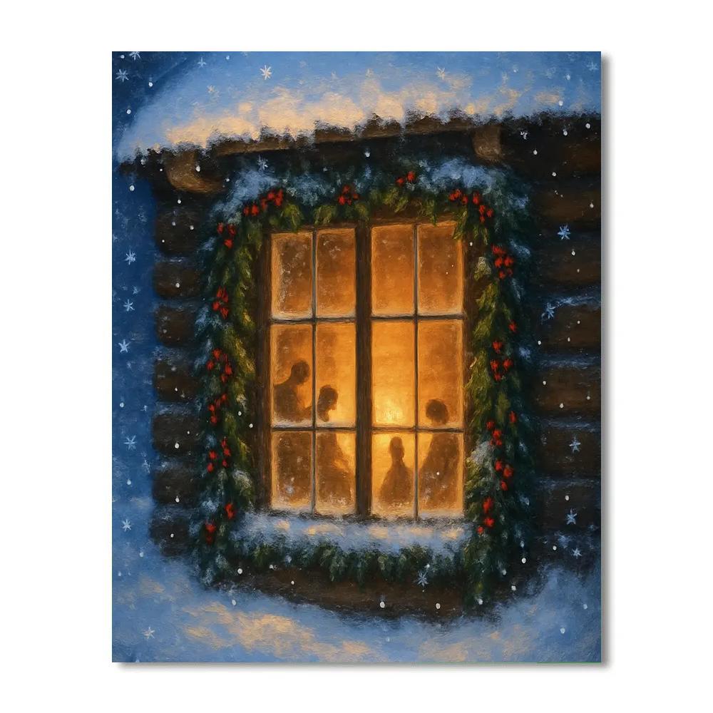 Woodland Cabin Window Framed By Snowflakes Number painting