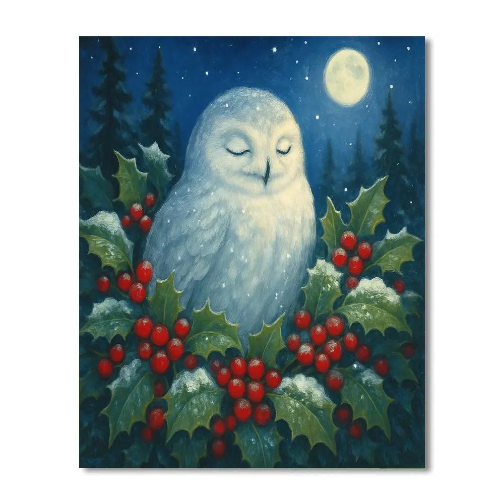 Snowy Owl Nestled Amid Holly Branches Numbered painting kits