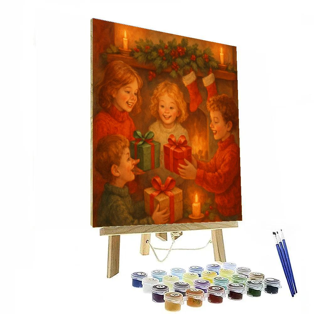 Happy Children Exchanging Gifts By Fireplace paint by numbers