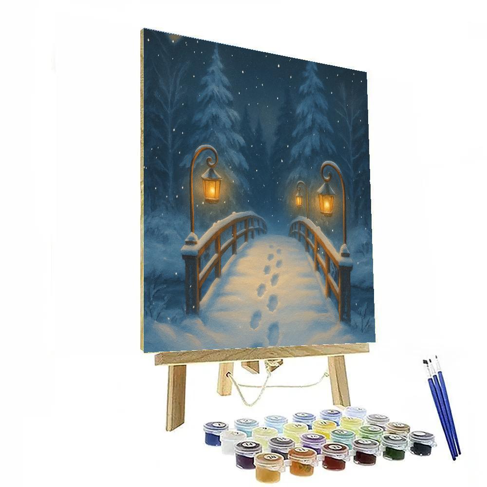 Snow Covered Wooden Bridge And Lanterns At Night paint by number