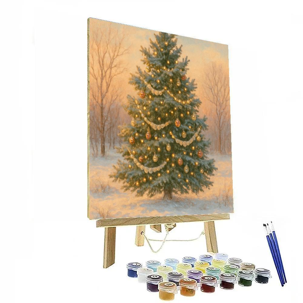 Decorated Pine Tree In Rustic Snowy Field paint by numbers