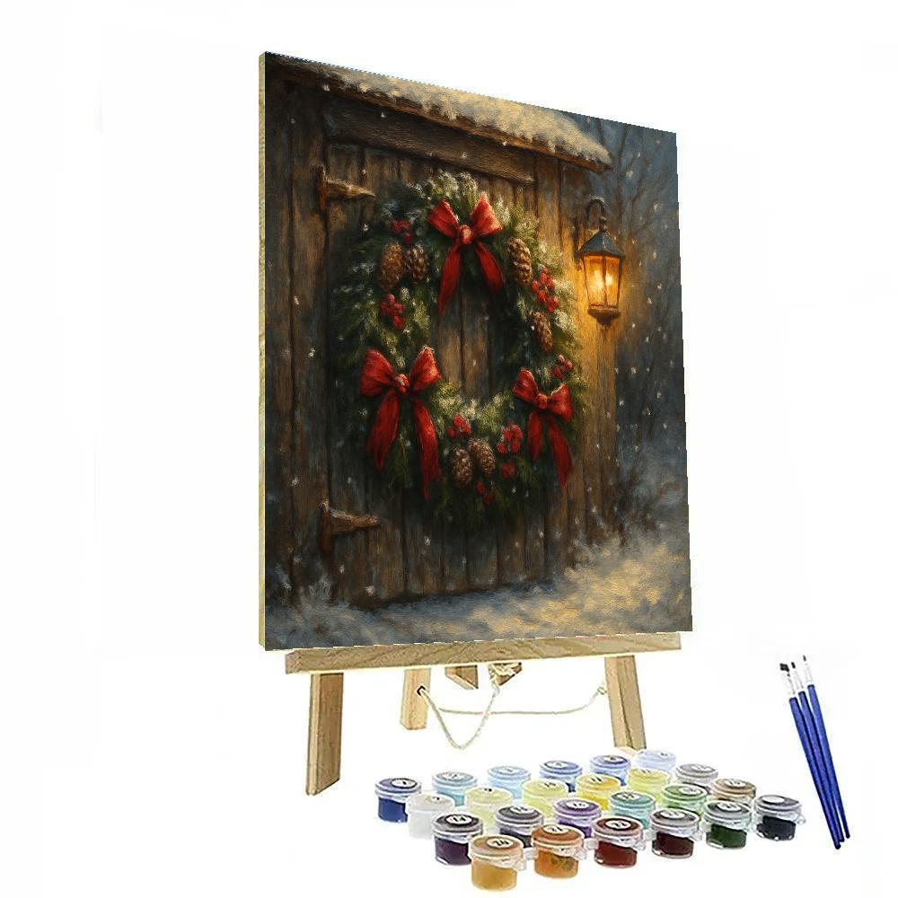 Festive Wreath Hanging On Snowy Barn Door Paint by numbers kits