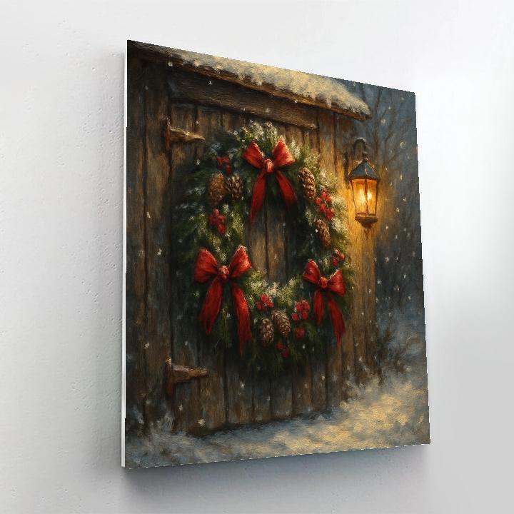 Festive Wreath Hanging On Snowy Barn Door Paint by numbers kits