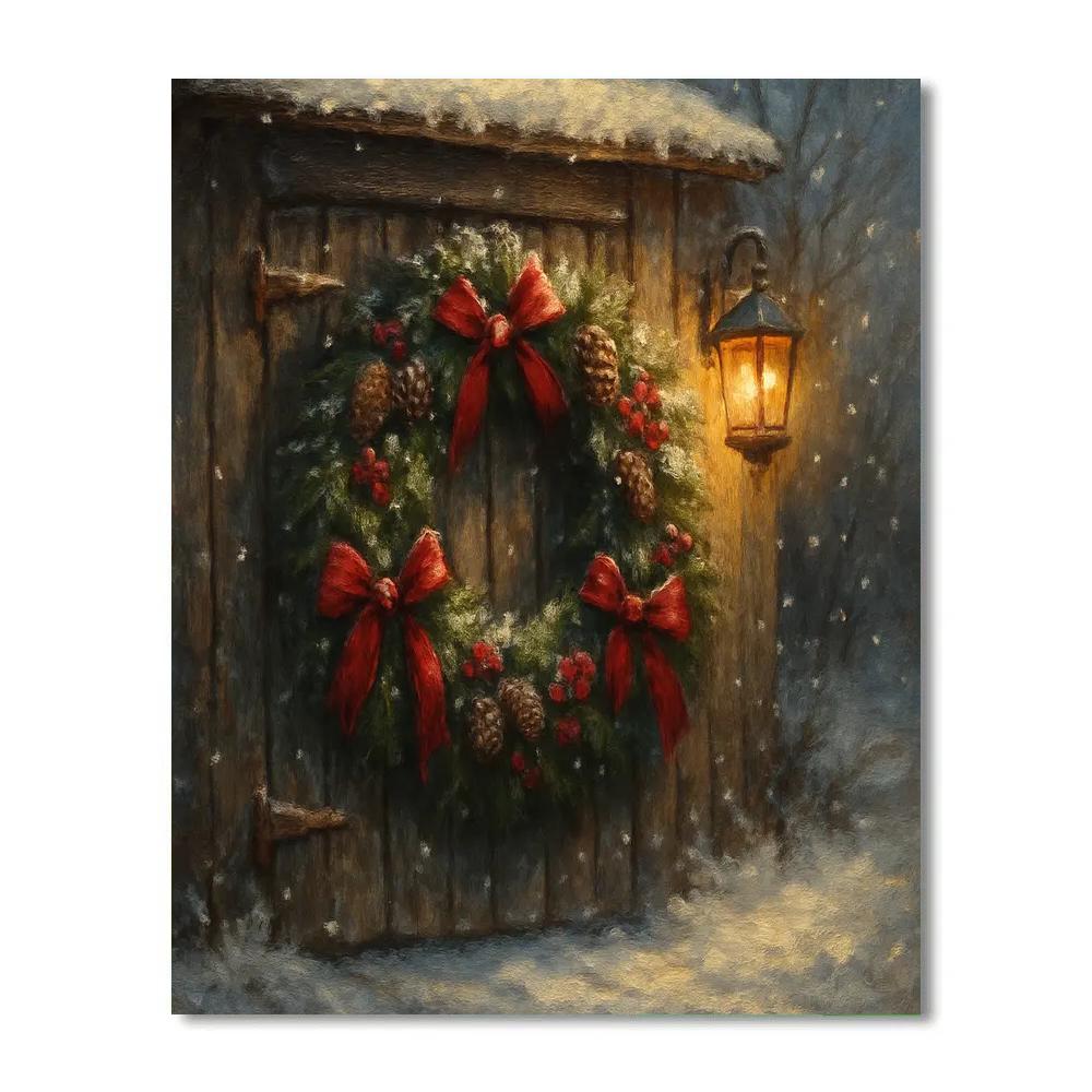 Festive Wreath Hanging On Snowy Barn Door Paint by numbers kits