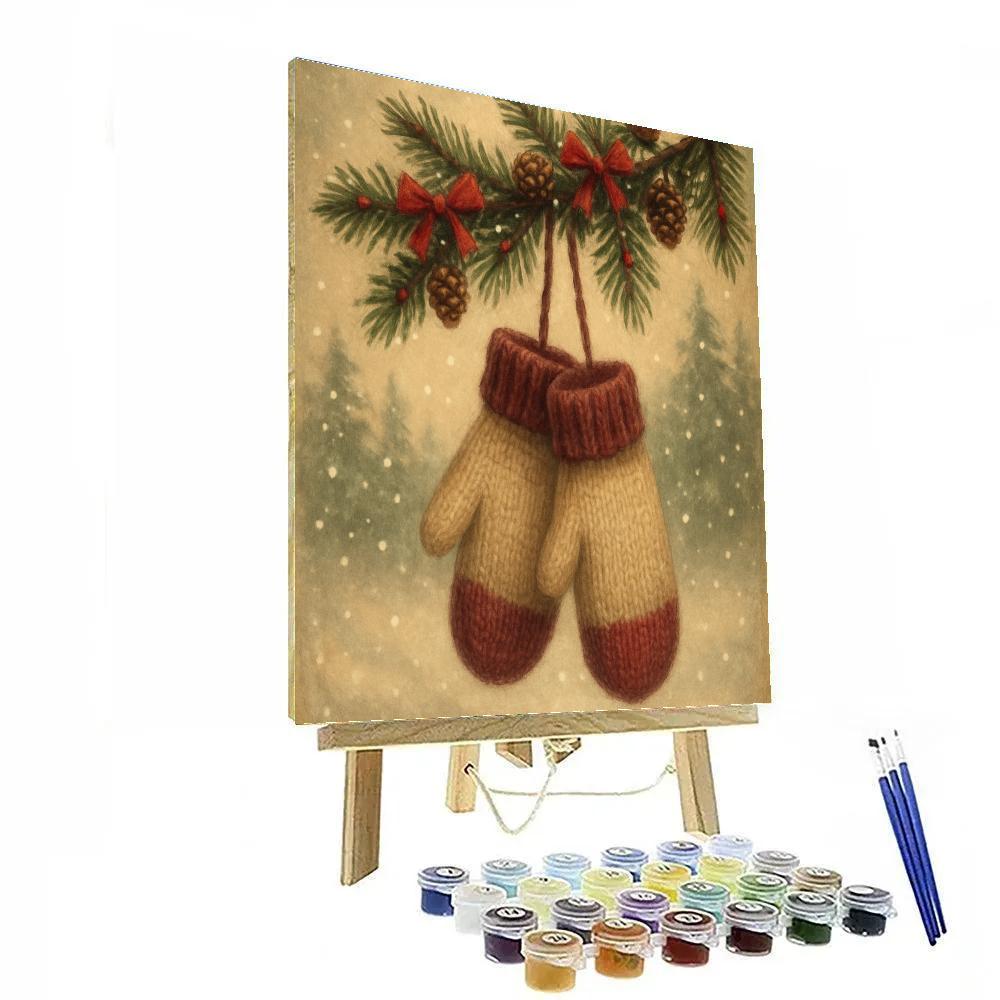 Warm Woolen Mittens Hanging On Tree Branch Number painting