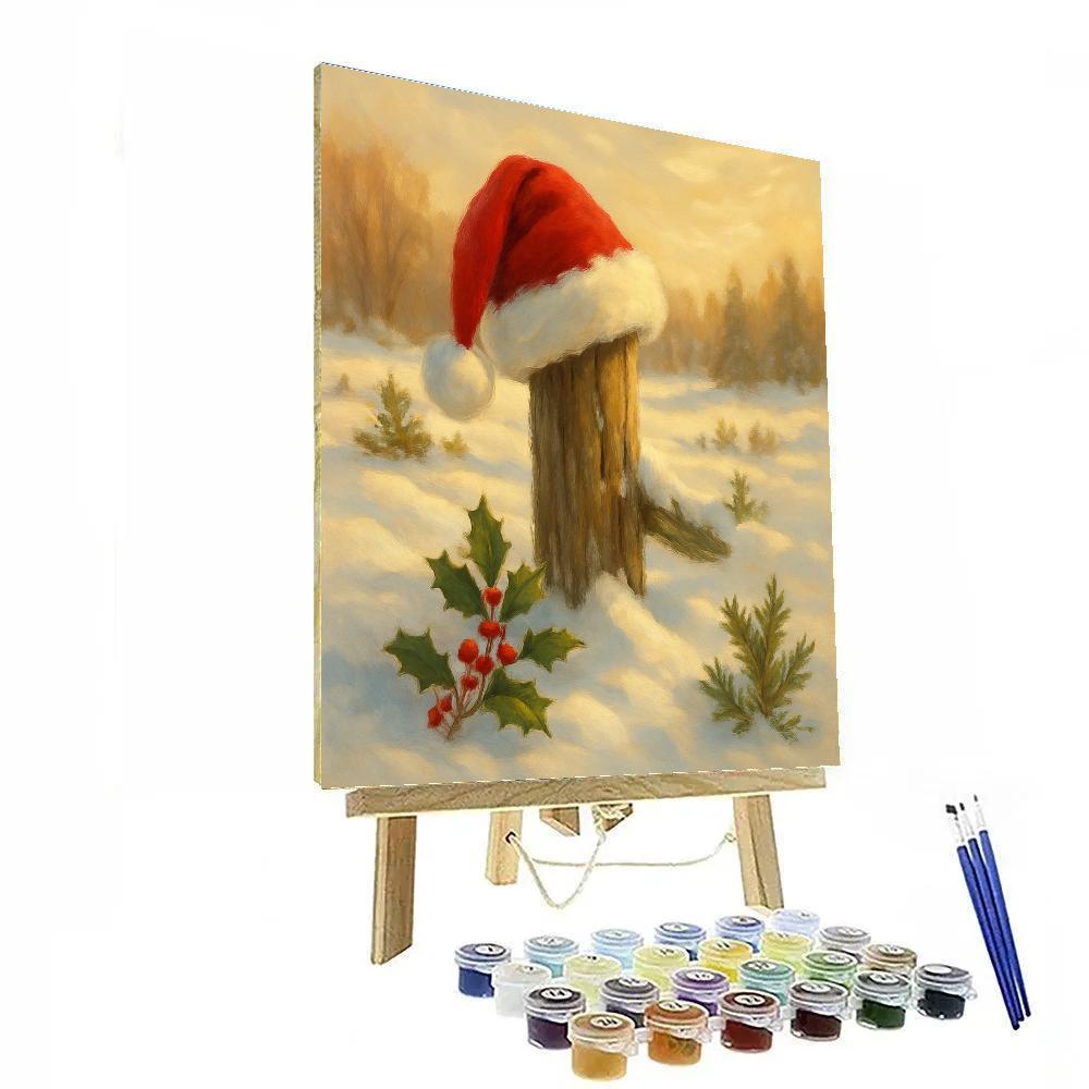 Santa Hat Resting On Snowy Fence Post Painting by numbers kit