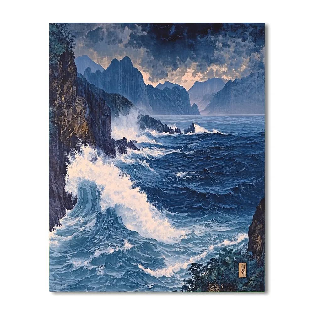 Hokusai Inspired Stormy Mountain Waves Paint by numbers kits