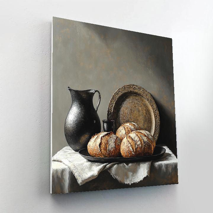 Diego Velázquez Inspired Rustic Bread Wine And Pewter Composition Numbered painting kitsDiego Velázquez Inspired Rustic Bread Wine and Pewter Composition - DIY Painting By Numbers Kit - Image 2