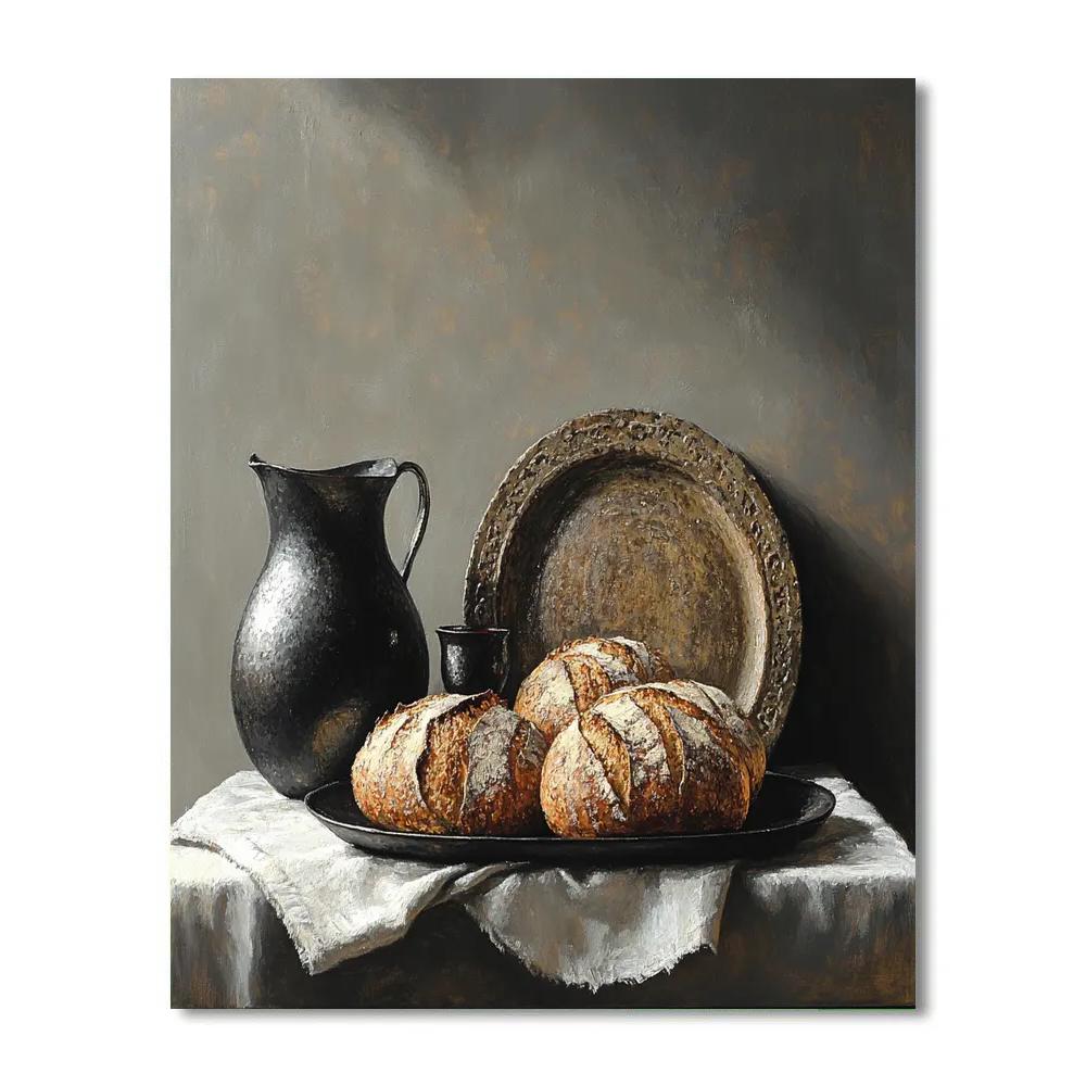 Diego Velázquez Inspired Rustic Bread Wine And Pewter Composition Numbered painting kits