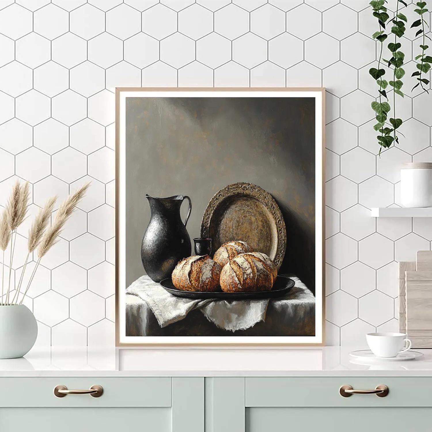 Diego Velázquez Inspired Rustic Bread Wine And Pewter Composition Numbered painting kits
