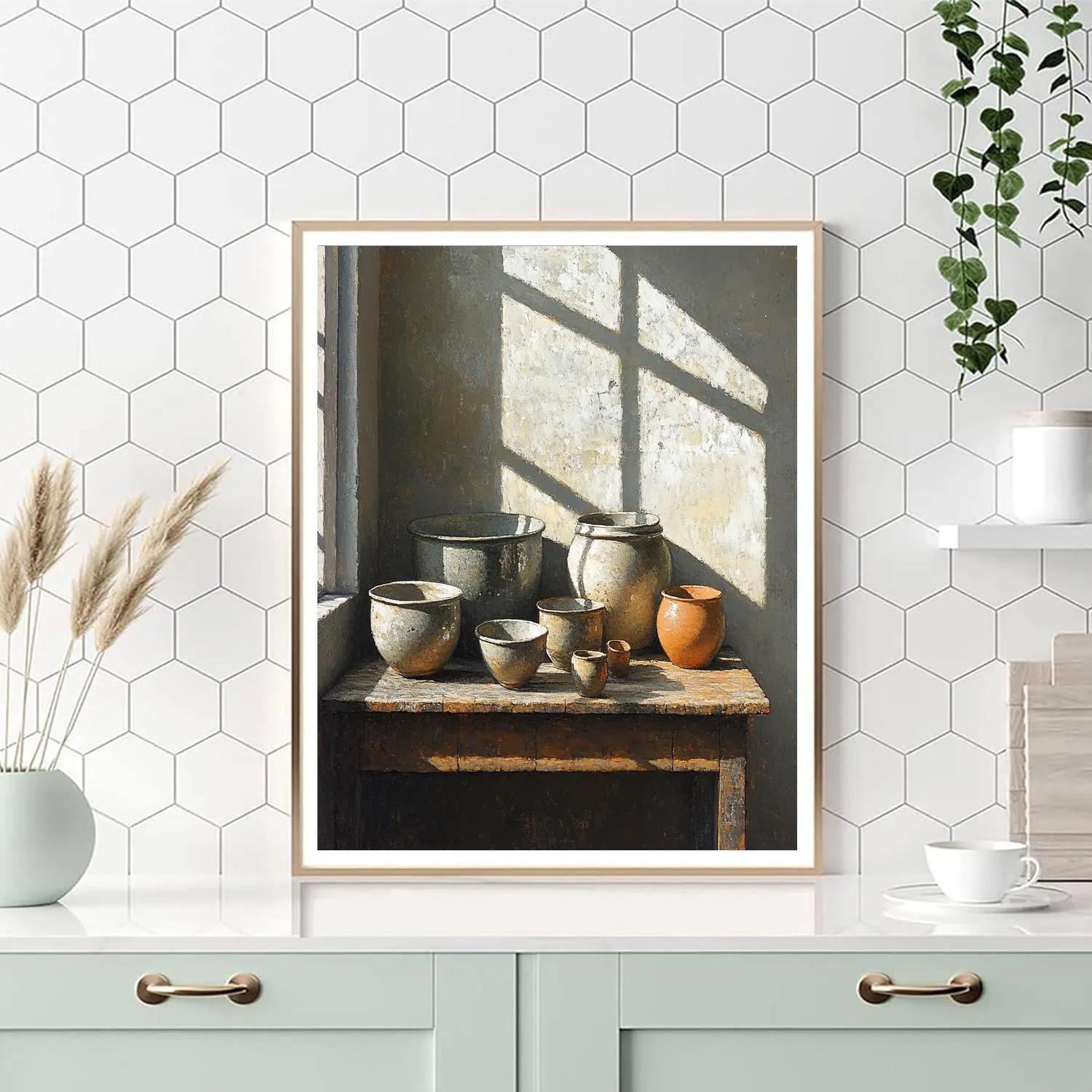 Diego Velázquez Inspired Kitchen Still Life With Ceramic Vessels paint by color