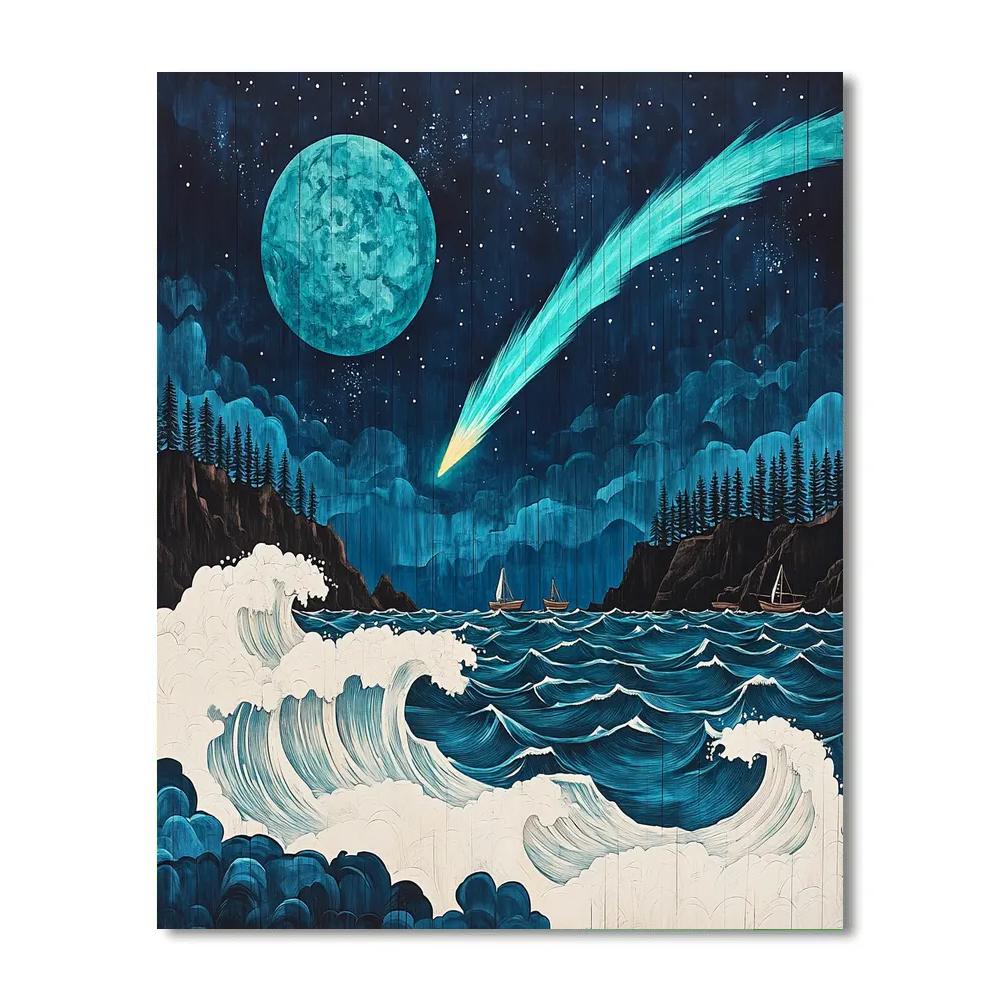 Hokusai Inspired Comet Above Stormy Sea Numbered painting kits