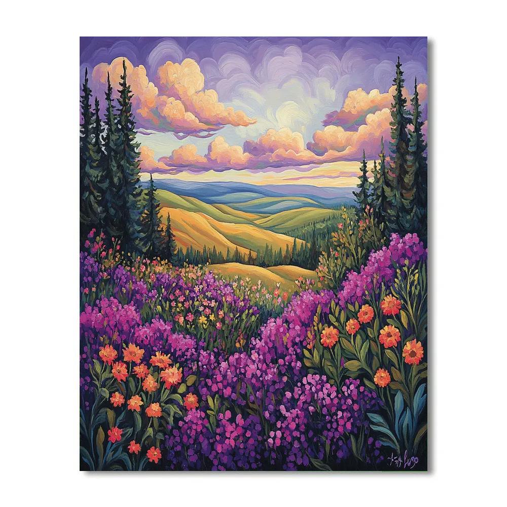J. E. H. MacDonald Inspired Meadow Of Wildflowers And Clouds paint by number