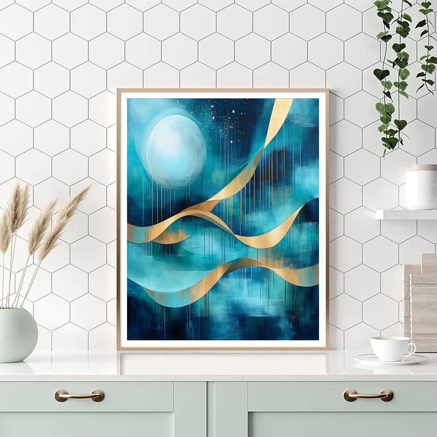 Jackson Pollock Inspired Lunar Rhythm In Turquoise And Gold painting number kit