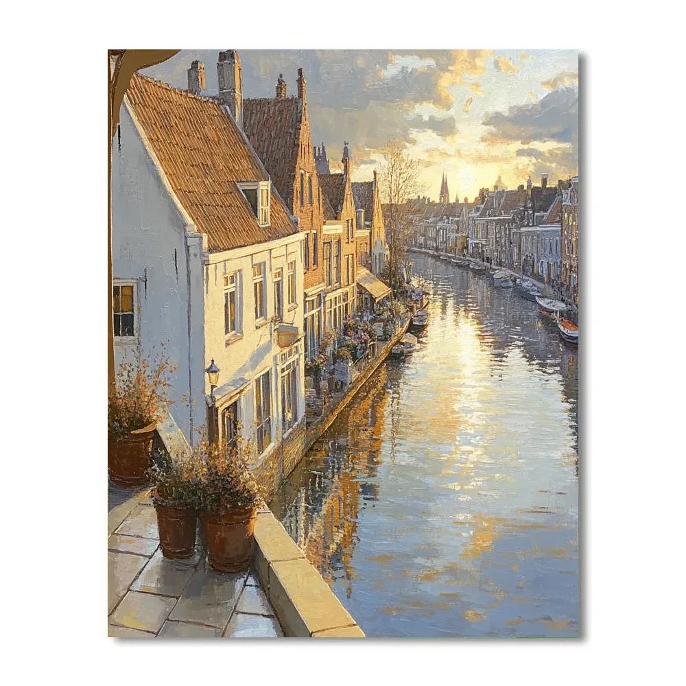 Johannes Vermeer Inspired Golden Sunbeam Across Delft Rooftops paint by number