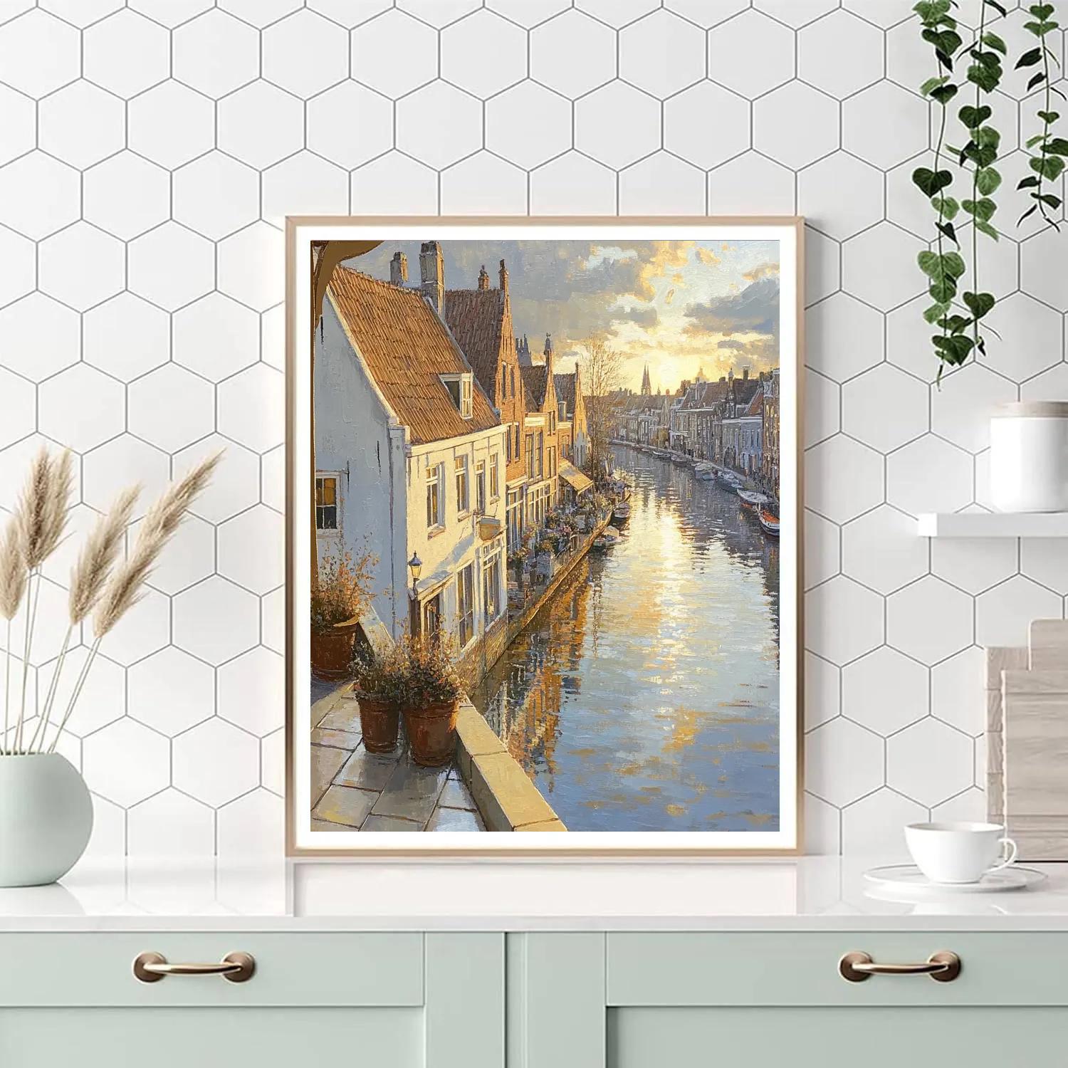 Johannes Vermeer Inspired Golden Sunbeam Across Delft Rooftops paint by number