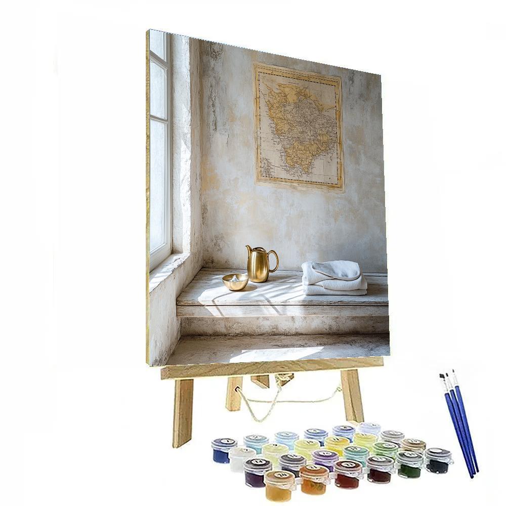 Johannes Vermeer Inspired Quiet Table With Map And Brass Pitcher painting number kit