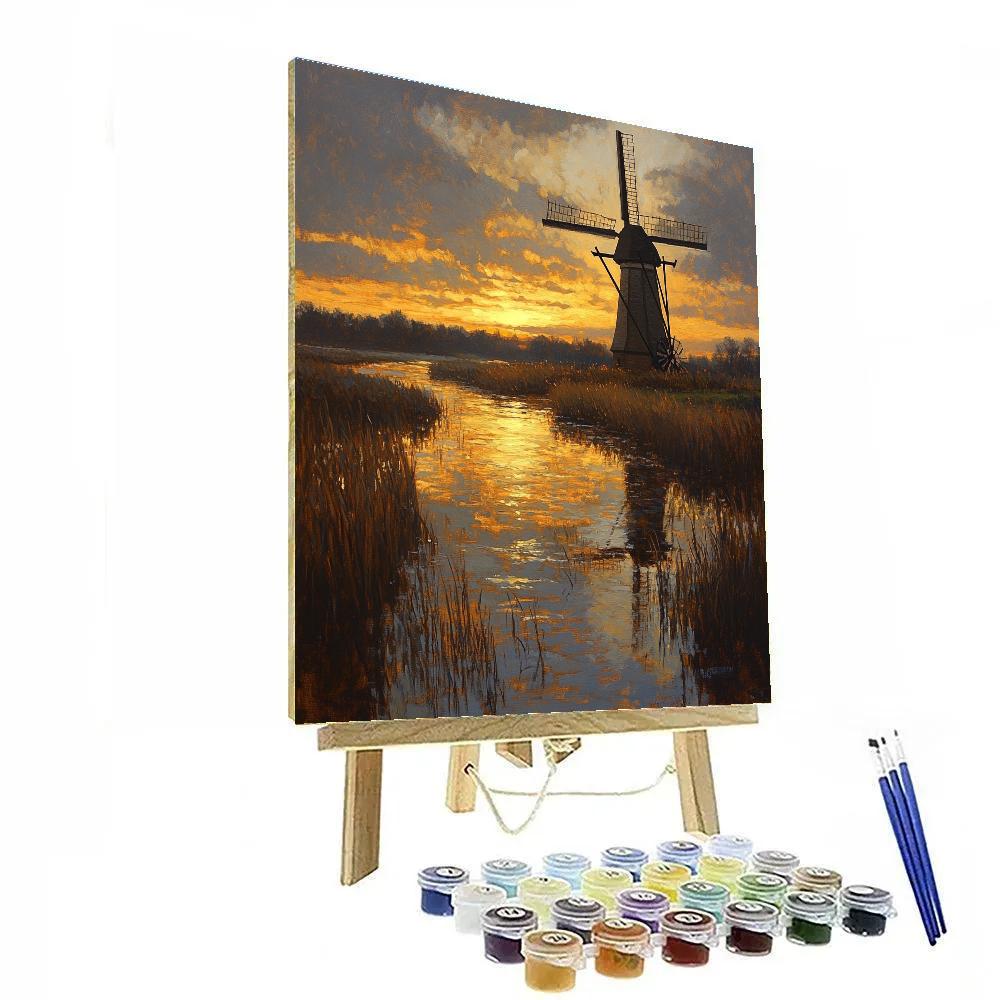 Rembrandt Inspired Twilight Windmill Over Floodplain paint by color