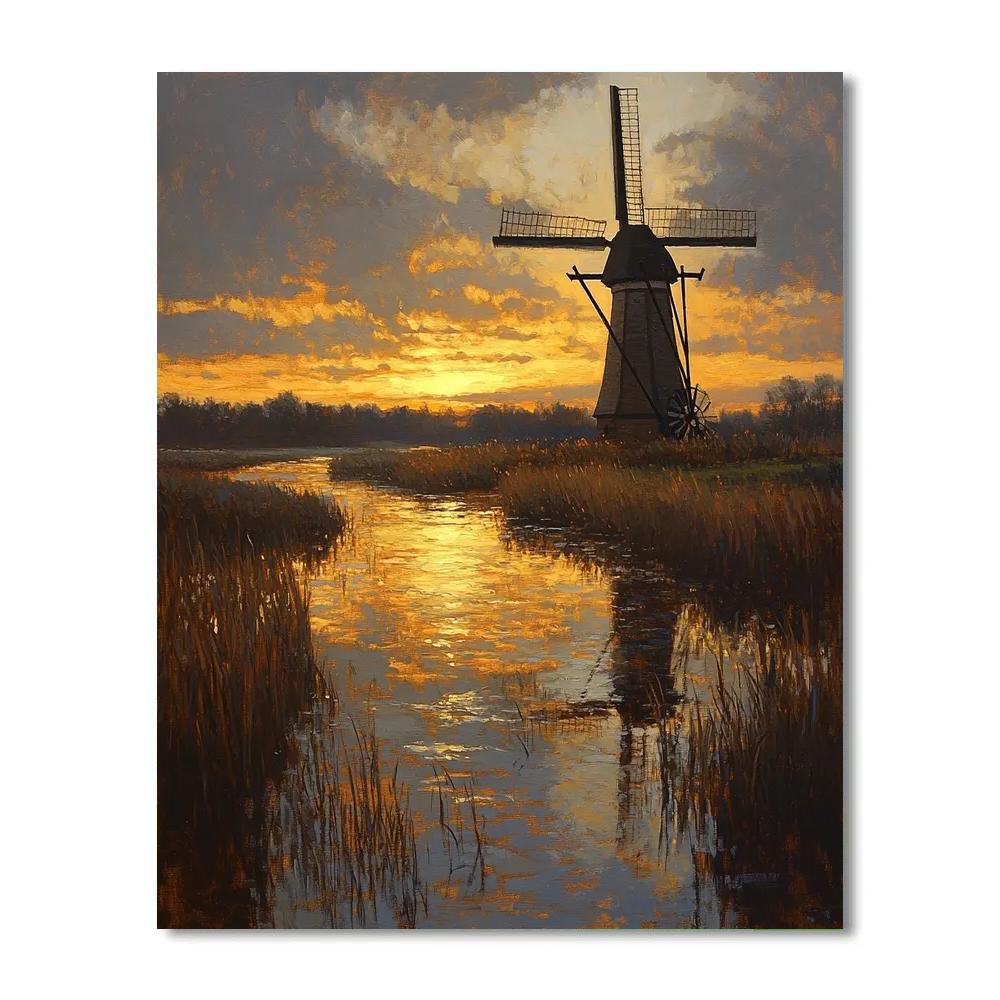 Rembrandt Inspired Twilight Windmill Over Floodplain paint by color