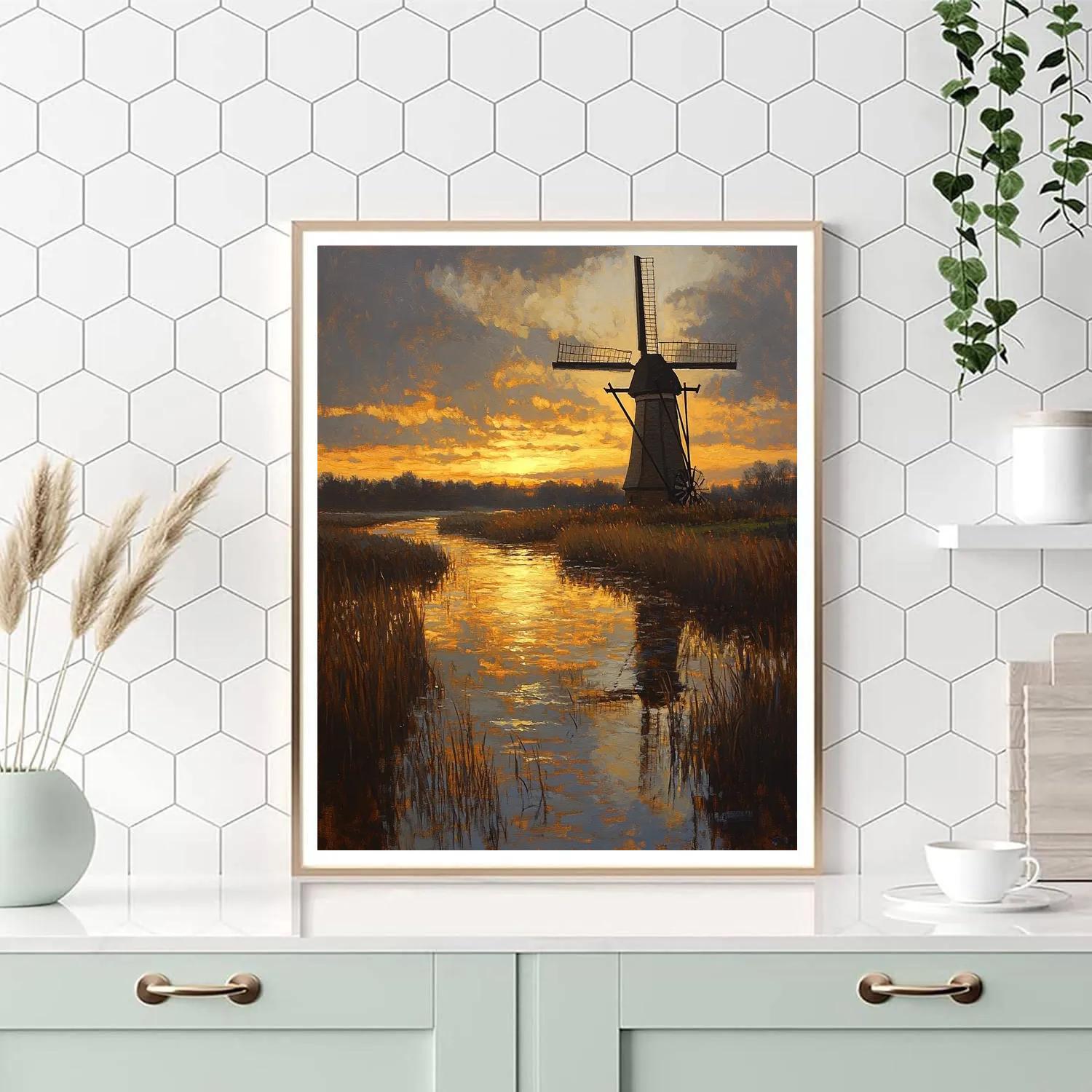 Rembrandt Inspired Twilight Windmill Over Floodplain paint by color
