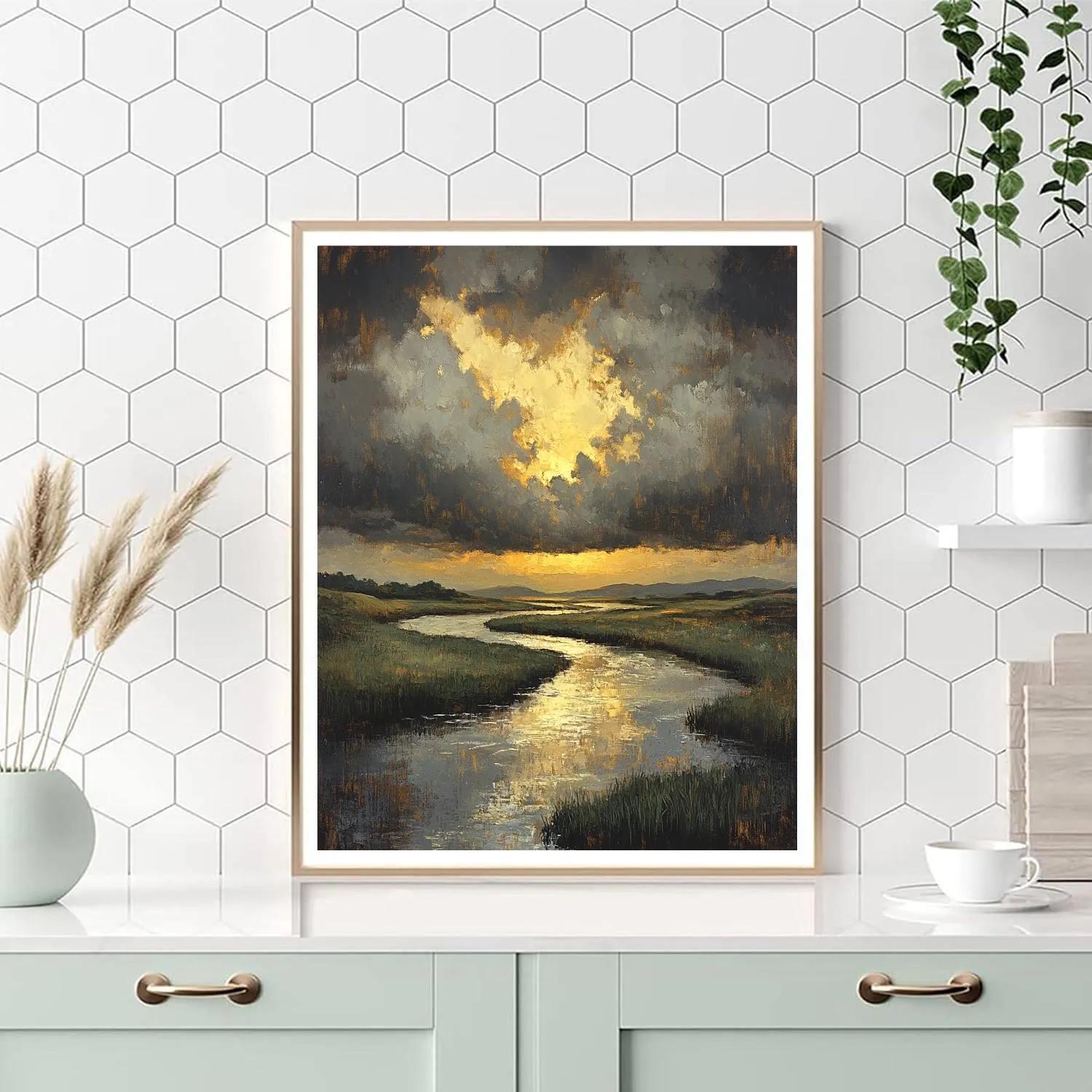 Rembrandt Inspired River With Golden Crepuscular Shaft Painting by numbers kit