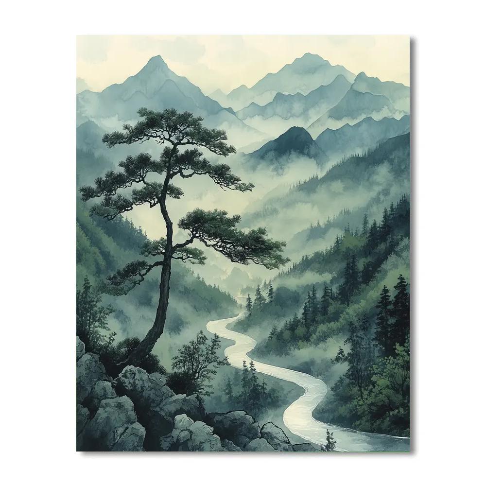 Zhao Mengfu Inspired Misty Mountain Meditation DIY paint by numbers