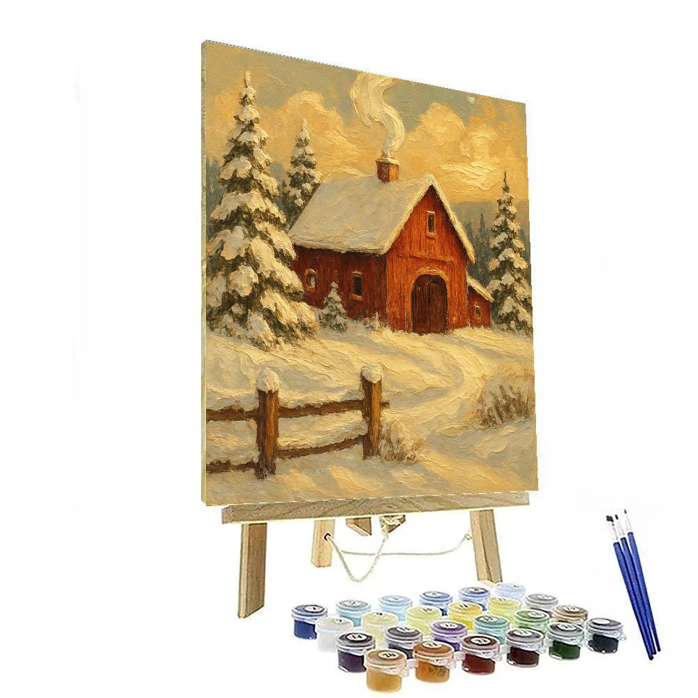 Red Barn Among Frosted Evergreens paint by numbers