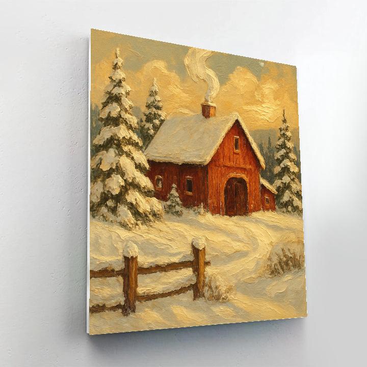 Red Barn Among Frosted Evergreens paint by numbers