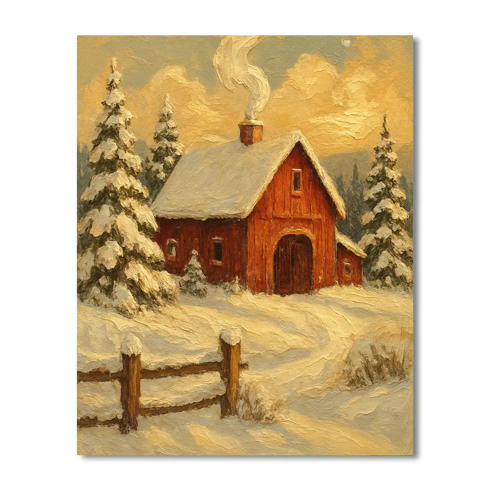 Red Barn Among Frosted Evergreens paint by numbers