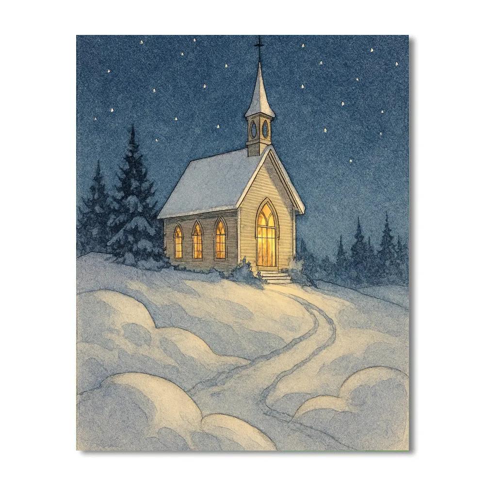 Hilltop Church Under Starlit Snow paint by numbers