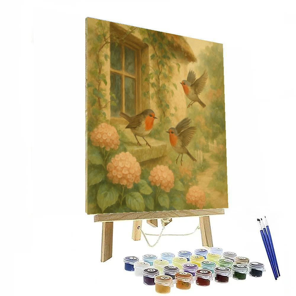 Robins In Spring Cottage Garden Painting by numbers kit