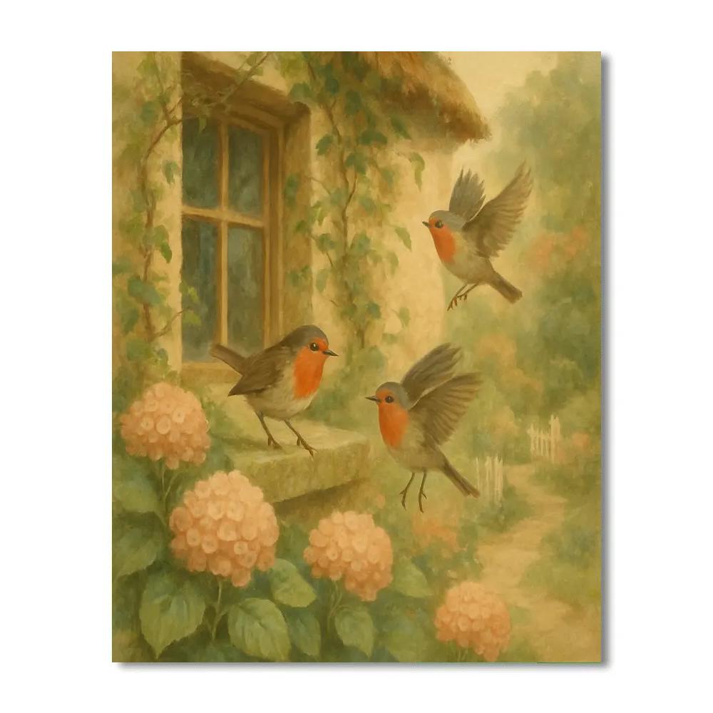 Robins In Spring Cottage Garden Painting by numbers kit