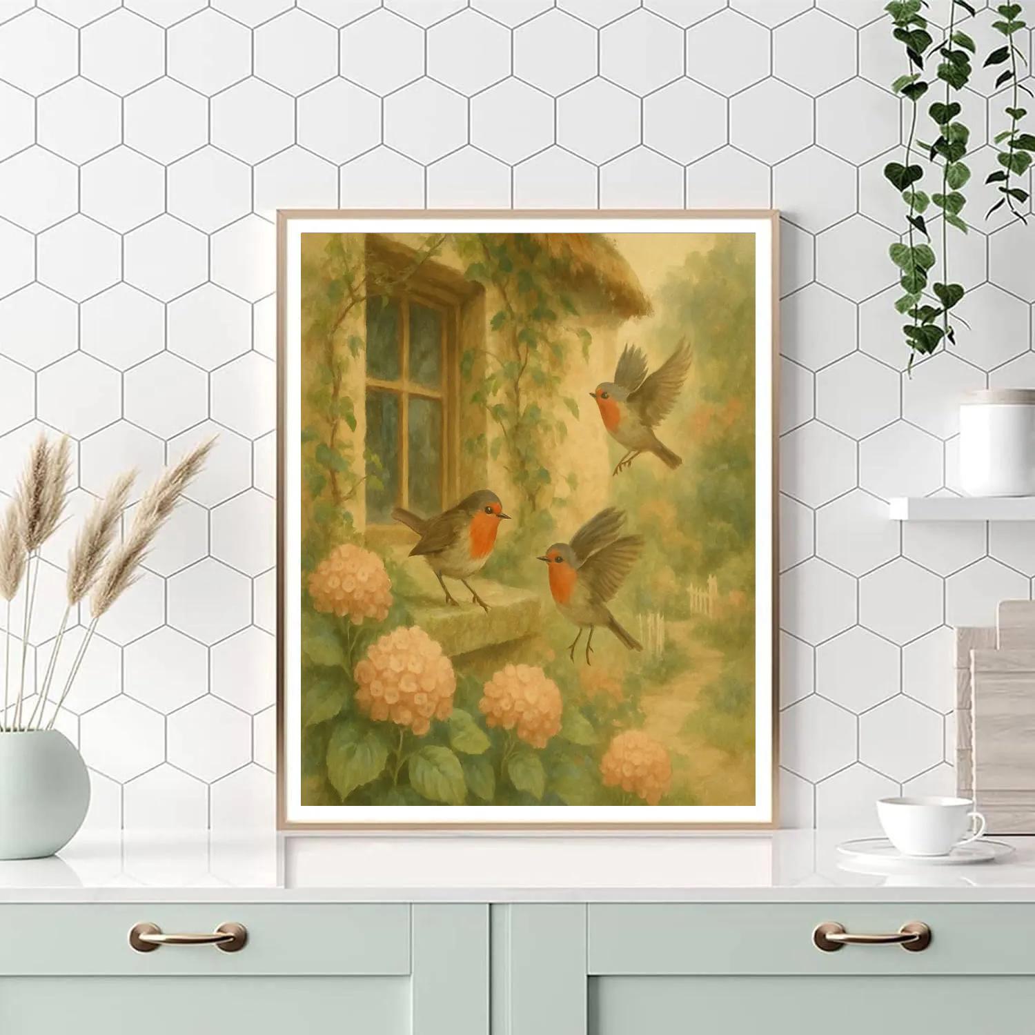 Robins In Spring Cottage Garden Painting by numbers kit